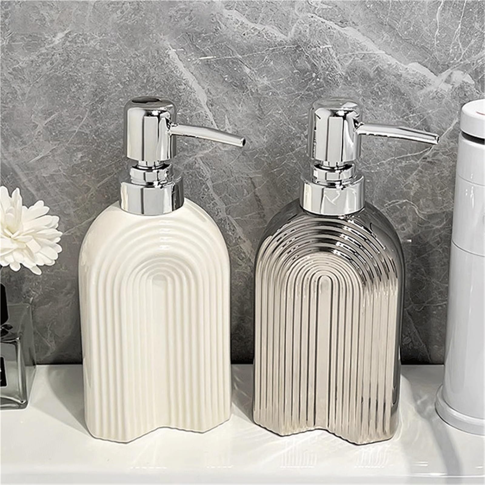 Dispensador de Jabón Botellas de loción, dispensadores jabón Manos y Botellas Gel Ducha cerámica Estilo Lujoso Dosificador de líquido | Silver