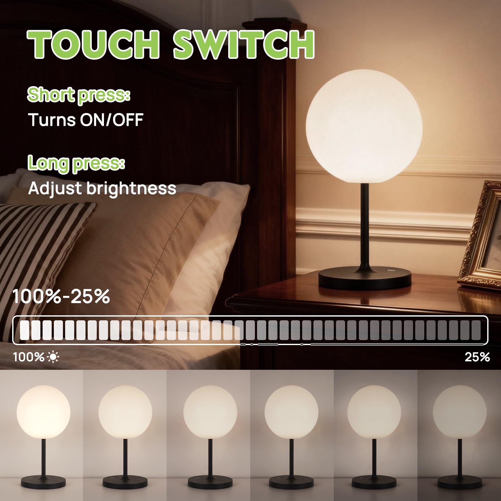 Tischlampe Kabellos，Dimmbar Nachttischlampe Touch，Akku Tischleuchte Kabellos，LED Tischlampe mit kugelförmigem Lampenschirm, geeignet für Schlafzimmer Wohnzimmer und Außenbereich – Schwarz