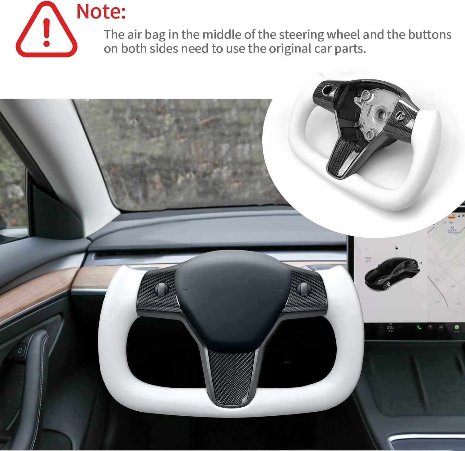 YAMUDA Compatible with Model 3 and Y of all years Modified Carbon Fiber Steering Wheel Aircraft Disc Square White