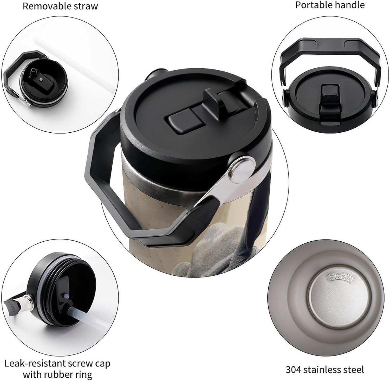 30oz Insulated Tumblers with Top Handle, Stainless Steel Rhino Car Cup with Straw for Gift, Leak-Proof Double Wall Vacuum Travel Mug, Personalized Water Bottles Black