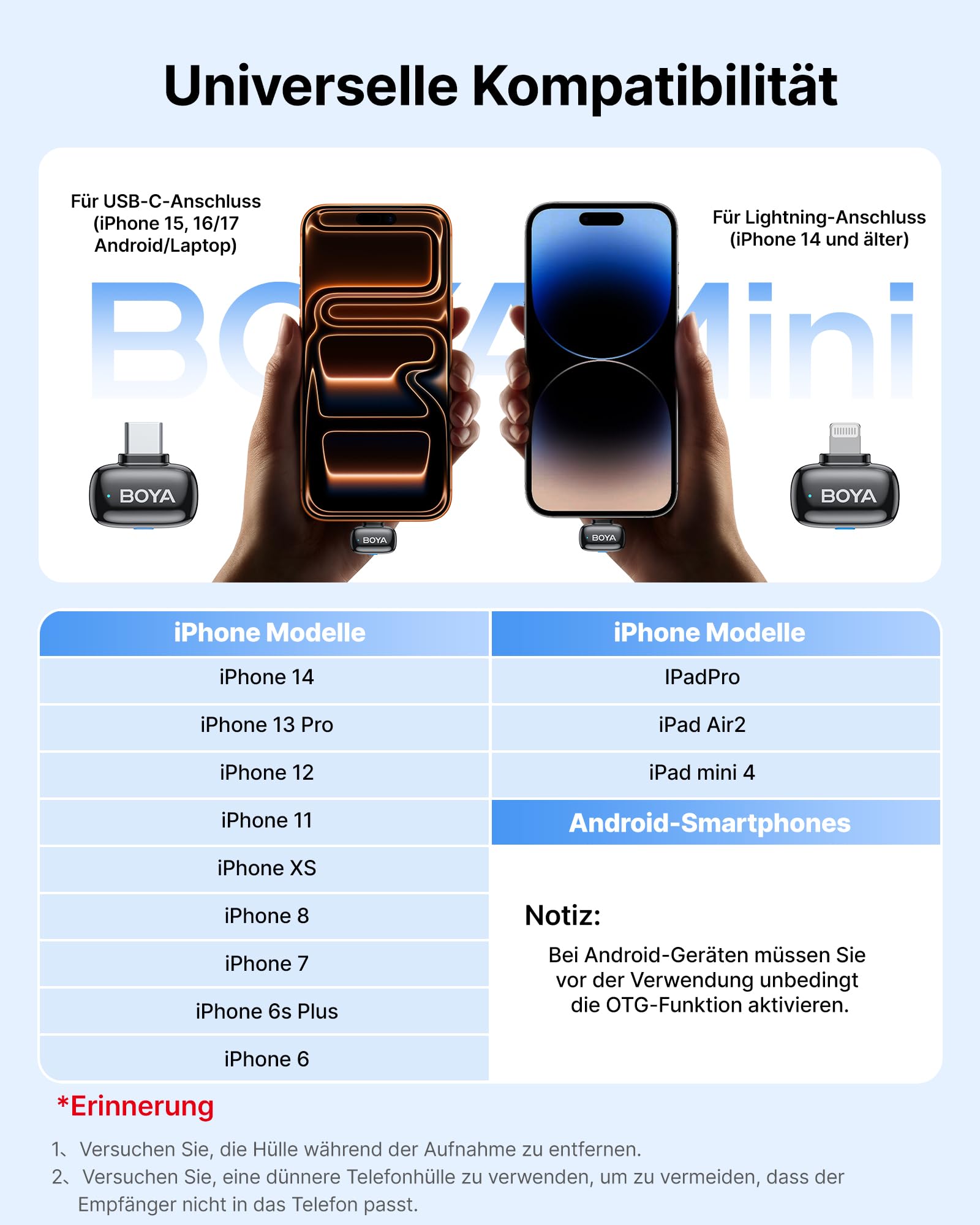 BOYA MINI 2 Kabelloses Lavalier-Mikrofon, 48kHz/24Bit, 100m, 30h, USB-C, Lightning für iPhone 7-17 Serie, Android