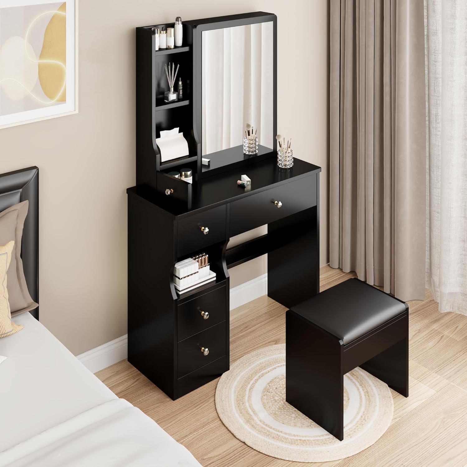 BNSPLY Small Vanity Desk with Sliding Mirror, Black Makeup Vanity Set with 4 Drawers and 6 Shelves, Dressing Table with Cushion Stool for Bedroom