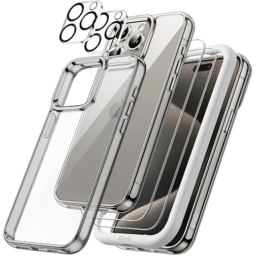 JETech 5 in 1 Case for iPhone 15 Pro Max 6.7-Inch with 2-Pack Each Tempered Glass Screen Protector and Camera Lens Protector, Non-Yellowing Shockproof Bumper Phone Cover (Natural Titanium)