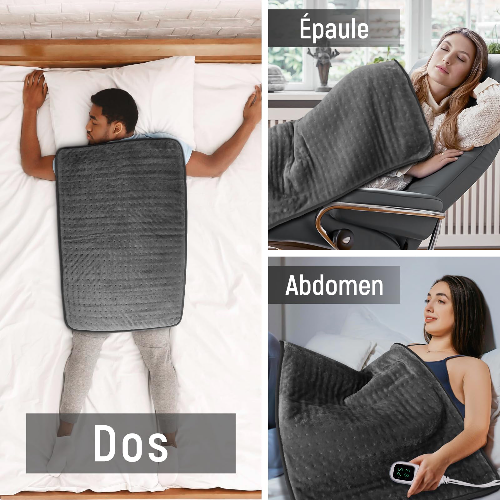 Coussin Chauffant, 80 × 60 cm, Coussin Chauffant Électrique avec Arrêt Automatique et 6 Niveaux de Température, pour Dos, Épaule, Ventre, Cou, Lavable en Machine