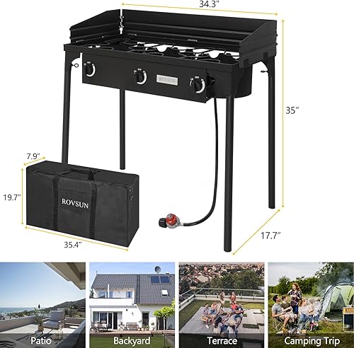 Miniatura 6 de ROVSUN Estufa de gas propano para exteriores de 3 quemadores con panel de viento, bolsa de transporte y regulador, 225,000 BTU para cocinar en el