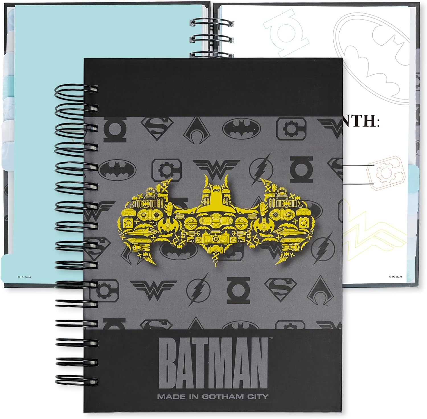 Batman Academic Planner Notebook, Hero Theme Weekly Monthly Daily Agenda, Custom Date Organizer for Time Management, Spiral Bound Planner with Colorful Tabs,Datebooks for Student, Workers (Black and Grey)