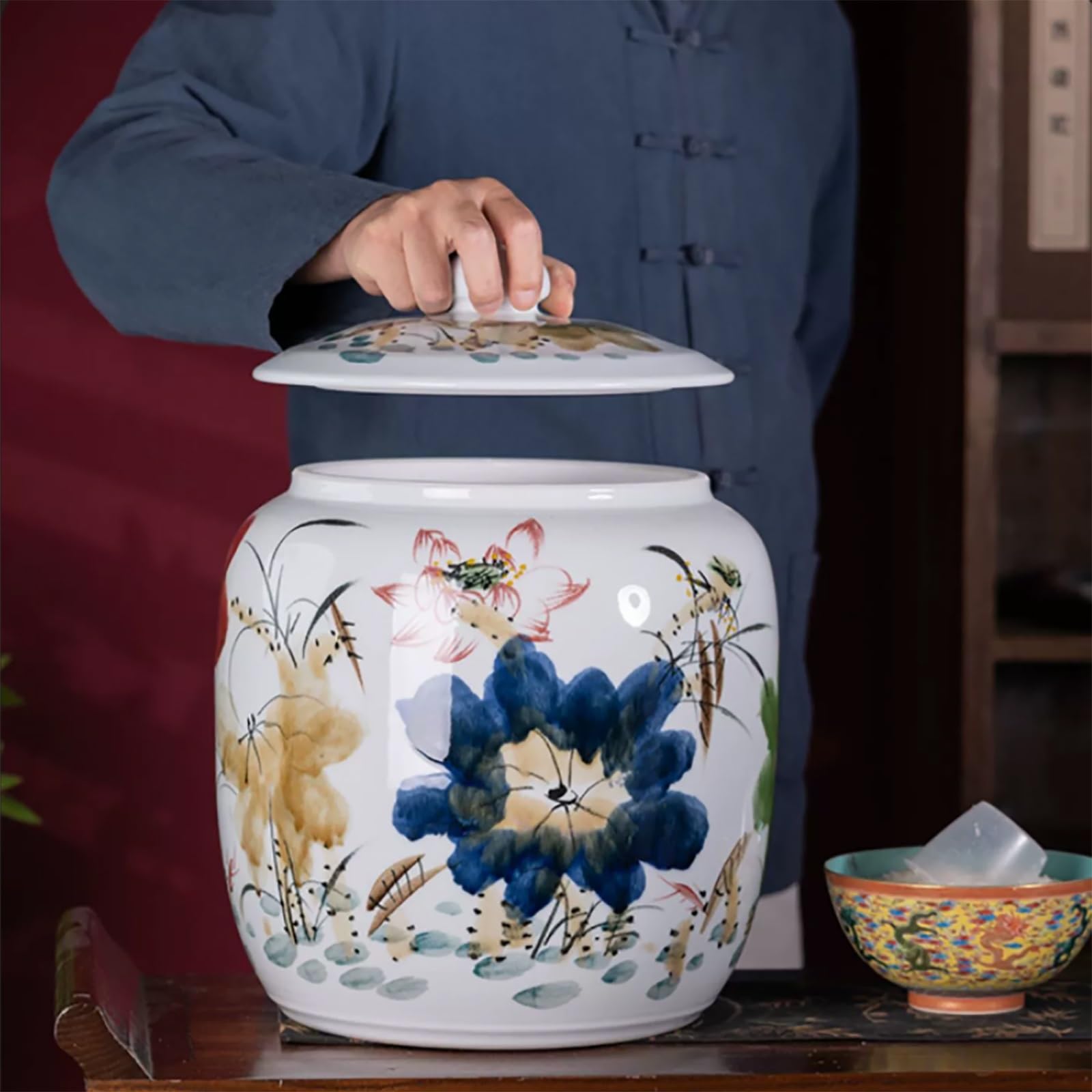 Ceramiczny pojemnik na ryż, wiadro do przechowywania żywności 25 kg z pokrywką, słoik na mąkę w stylu vintage, pojemniki na żywność retro do organizacji kuchni