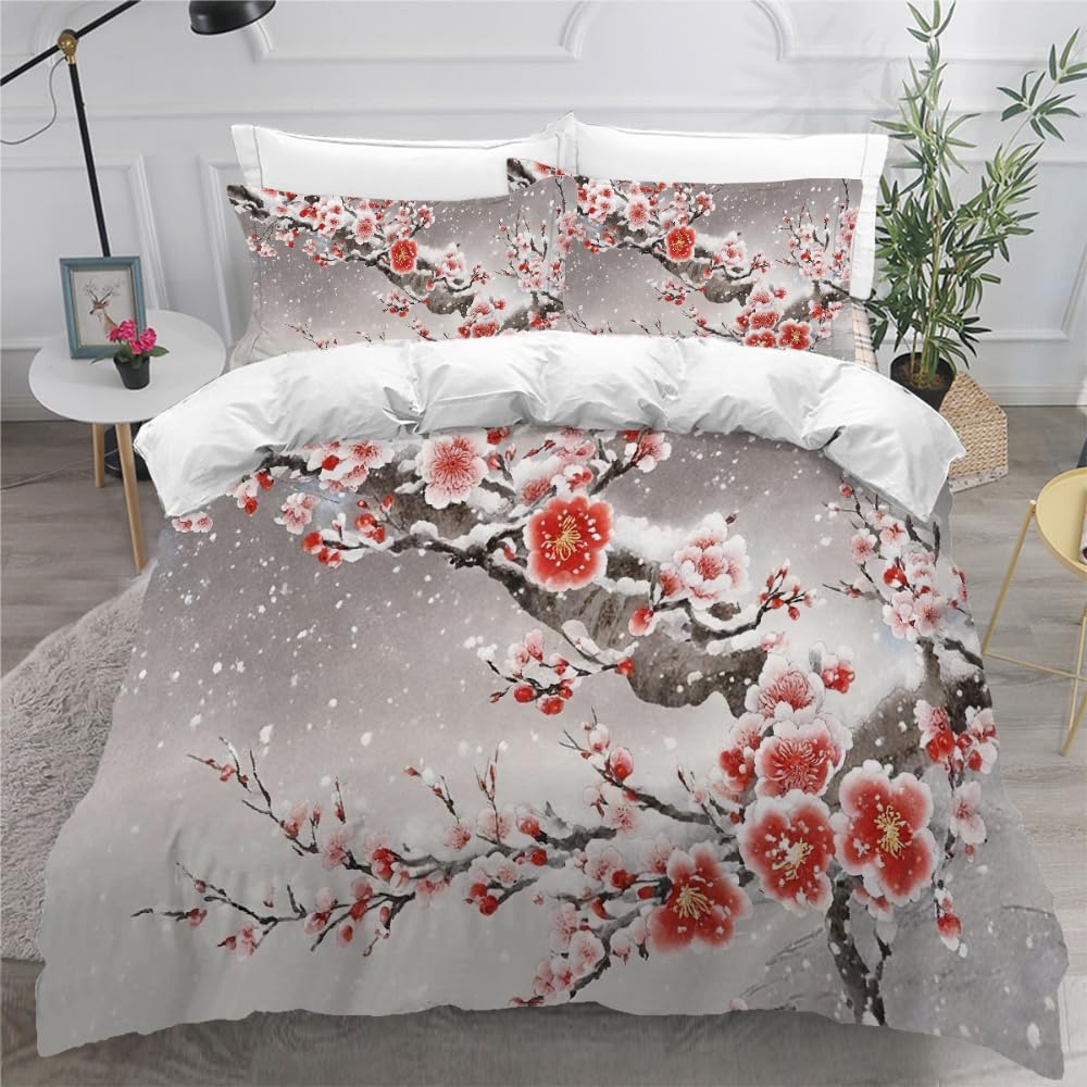 Parure De Lit 220x240 Enfant Fleurs De Cerisier Housse De Couette Microfibre 2 Personnes avec Fermeture Éclair Rose Fleuri Hypoallergique Ensemble de Literie 3 pièces+ 2 Taies D'oreillers