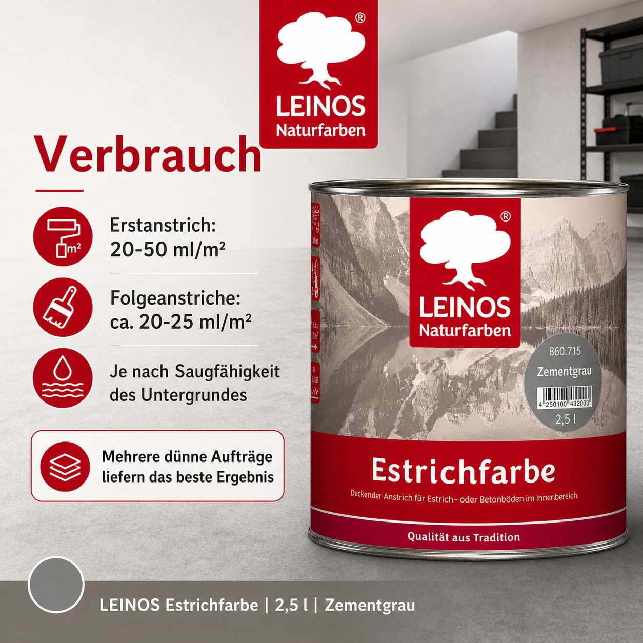 Leinos Naturfarben Estrichfarbe 860 | 2,5 Liter | für innen | Schutz & Farbgebung für offenporige Estrich- & Betonflächen | abriebfest, wasserabweisend | Anthrazitgrau (2,5 Liter Zementgrau)