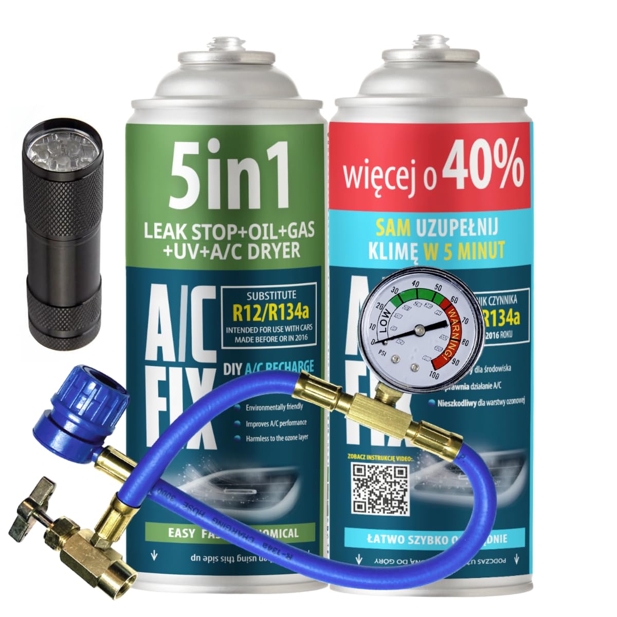 AC FIX 5-in-1 – R134a x 2 470g Refrigerant for Car Air Conditioning with Oil, Sealant, UV Dye, Desiccant – Quick Application – Protects the Compressor — view 8