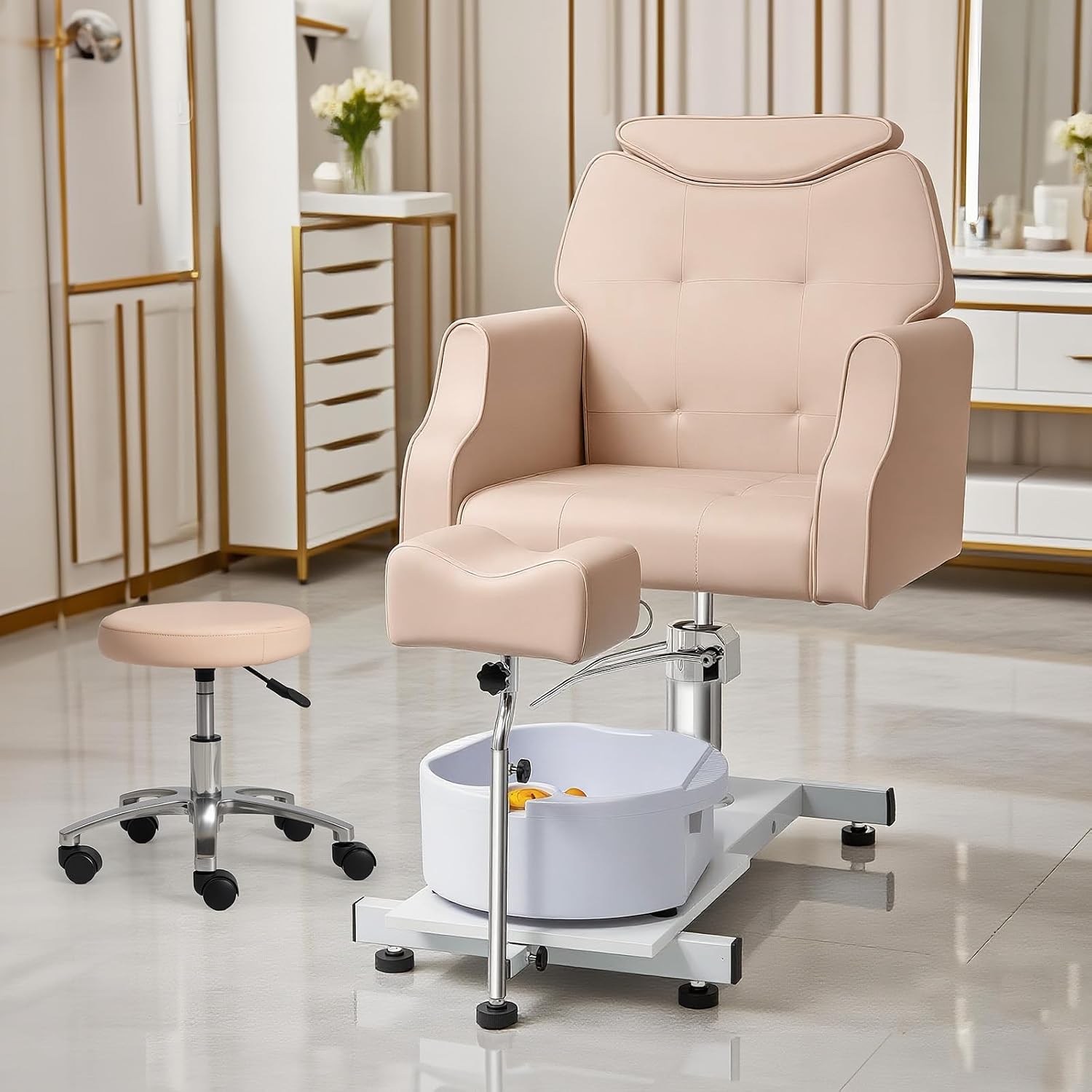 OmySalon Pedicure Chair w/Stool & Bubble Massage Foot Bath, 360° Rotation Hydraulic Adjustable Seat, Pedi Station for Foot Nail Tech Beauty Spa Salon Home Use (Light Pink)