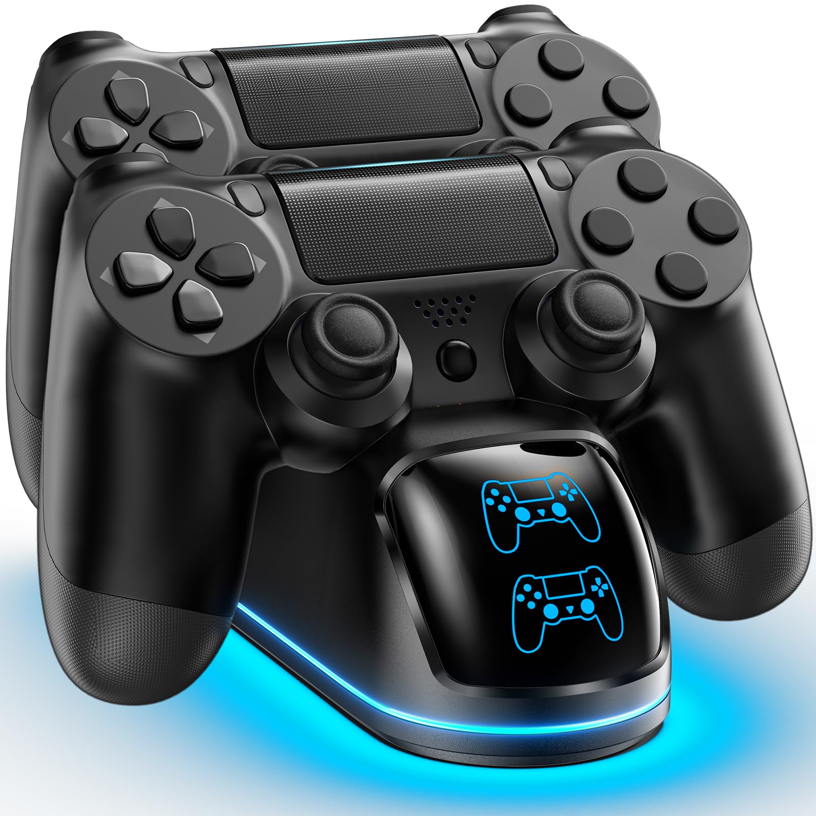 Base Carica Controller PS4 per PS4/Slim/Pro, Caricatore Controller PS4 Dual Shock 4 con 9 Illuminazione RGB, Stazione di Ricarica Playstation 4 Rapida per Dual Controller, Base Carica Joystick PS4