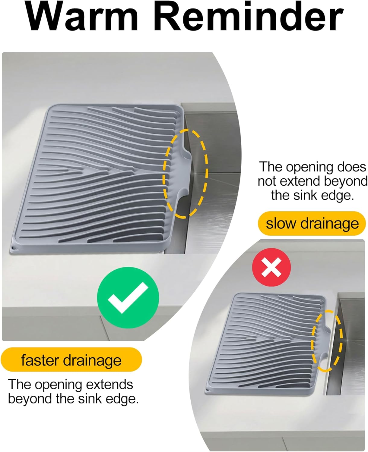 Silicone Drying Mat for Kitchen Counter, Non-Slip Drain Pad with Built-in Drain, Heat Resistant Dish Drying Pad, Multi-Use Stone Drying Mat, Dishwasher Safe & Hangable, Grey, 19.7" x 15"