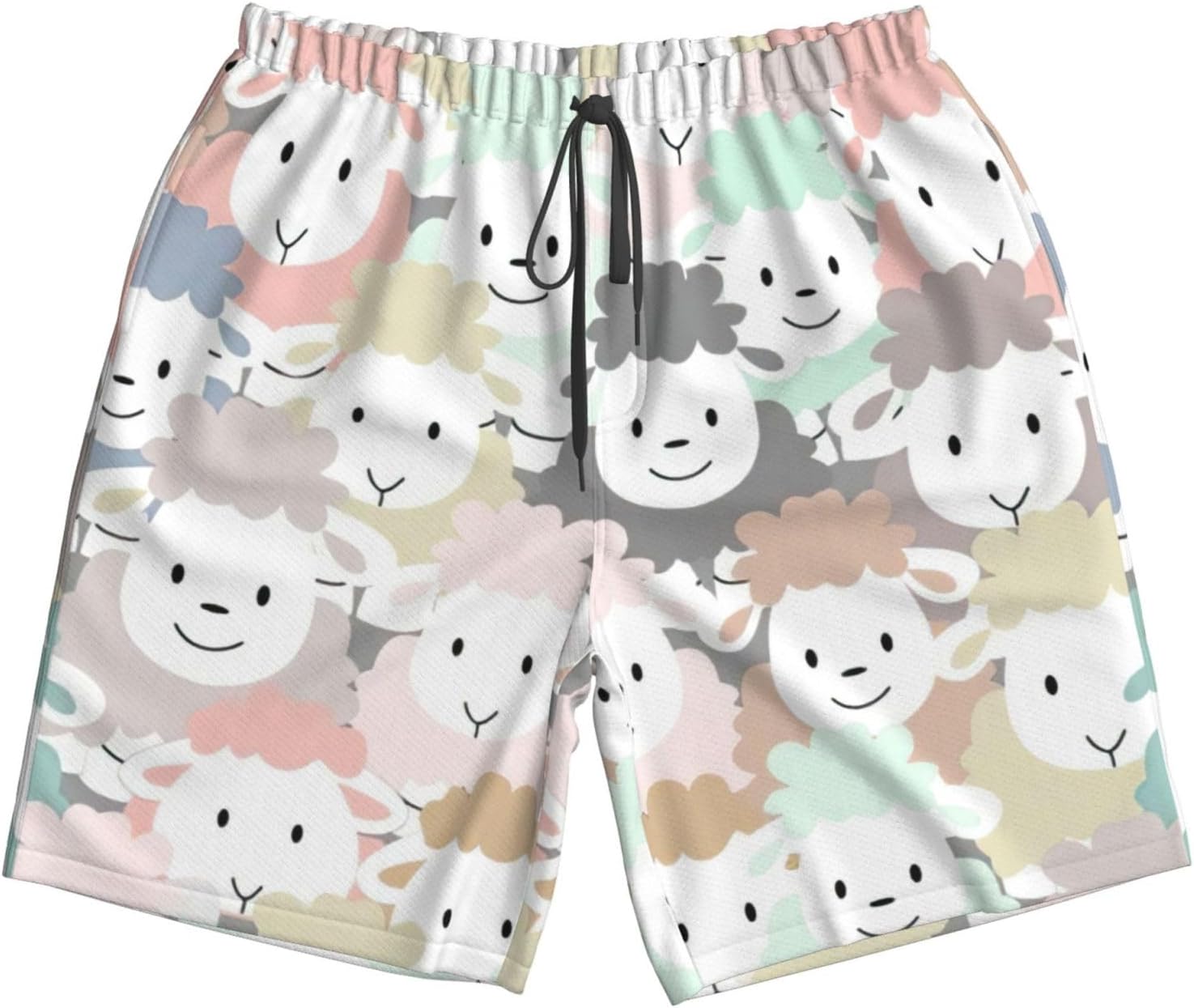 WURTON Cute Colorful Sheep Cartoon Pattern Print Men's Swim Trunks Quick Dry Beach Shorts with Pockets Lining Swimwear
