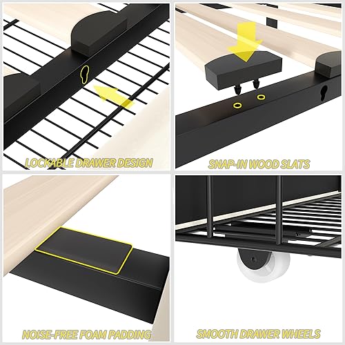 Miniatura 103 de VECELO Base de cama de tamaño matrimonial con cabecera tapizada ajustable, plataforma de listones de madera, diseño sin ruido, fácil montaje Negro