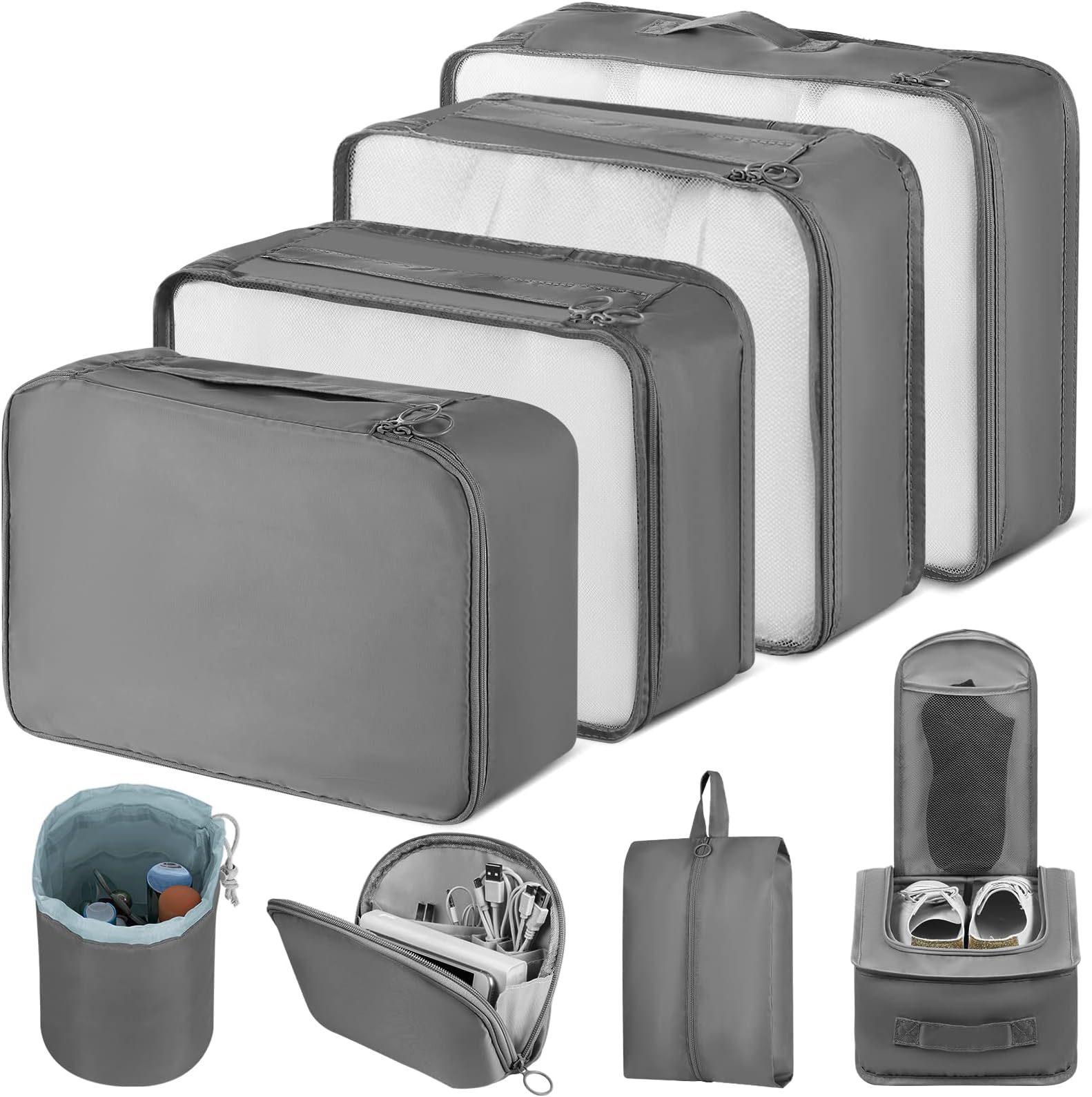 Amazon Brand - Umi 8PCS Packing Cubes for Suitcases, Travel Organiser Set for Clothes Shoes, Suitcase Organiser Bags, Travel Essentials Compression Packing Cubes for Travel (Gray)