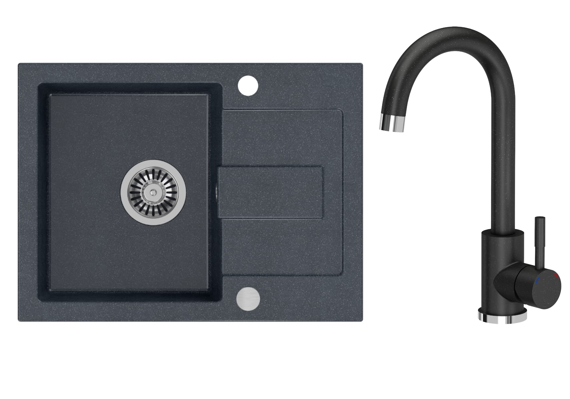 VBChome Fregadero negro con grifo, 60 x 45 cm, granito, fregadero empotrado, fregadero, reversible y sifón, lavabo