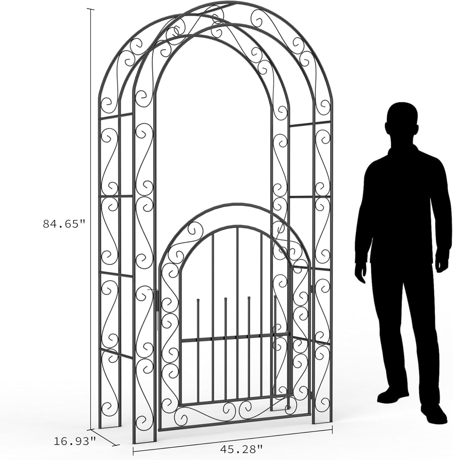 IDEALHOUSE 7ft Metal Garden Arch with Gate, Heavy Duty Iron Arbor Trellis for Climbing Plants Roses Vines, Outdoor Wedding Archway for Lawn Patio Backyard Decor, Black