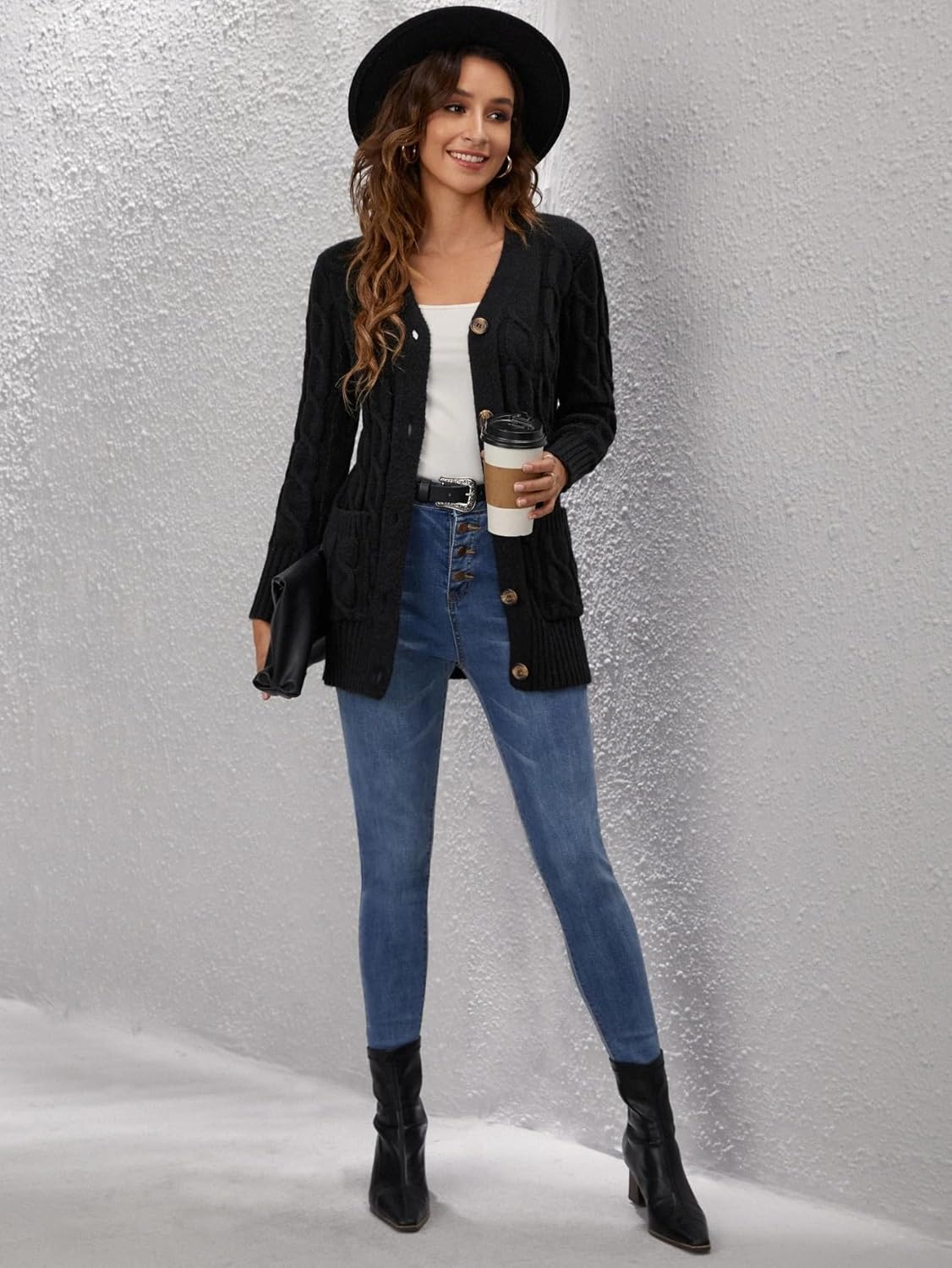 Women's Trench Coat Knit Double Pocket Button Front Cardigan Long Sleeve V Neck Classic Overcoat