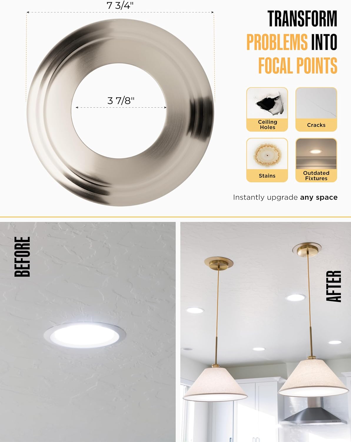 The Can Converter R56 Recessed Can Light Conversion Kit w/ 7"¾ Beveled Ceiling Medallion - Home Improvement for 5" & 6" Cans, Ceiling Fan & Light Fixture Converter Kit, UL Certified, Brushed Nickel