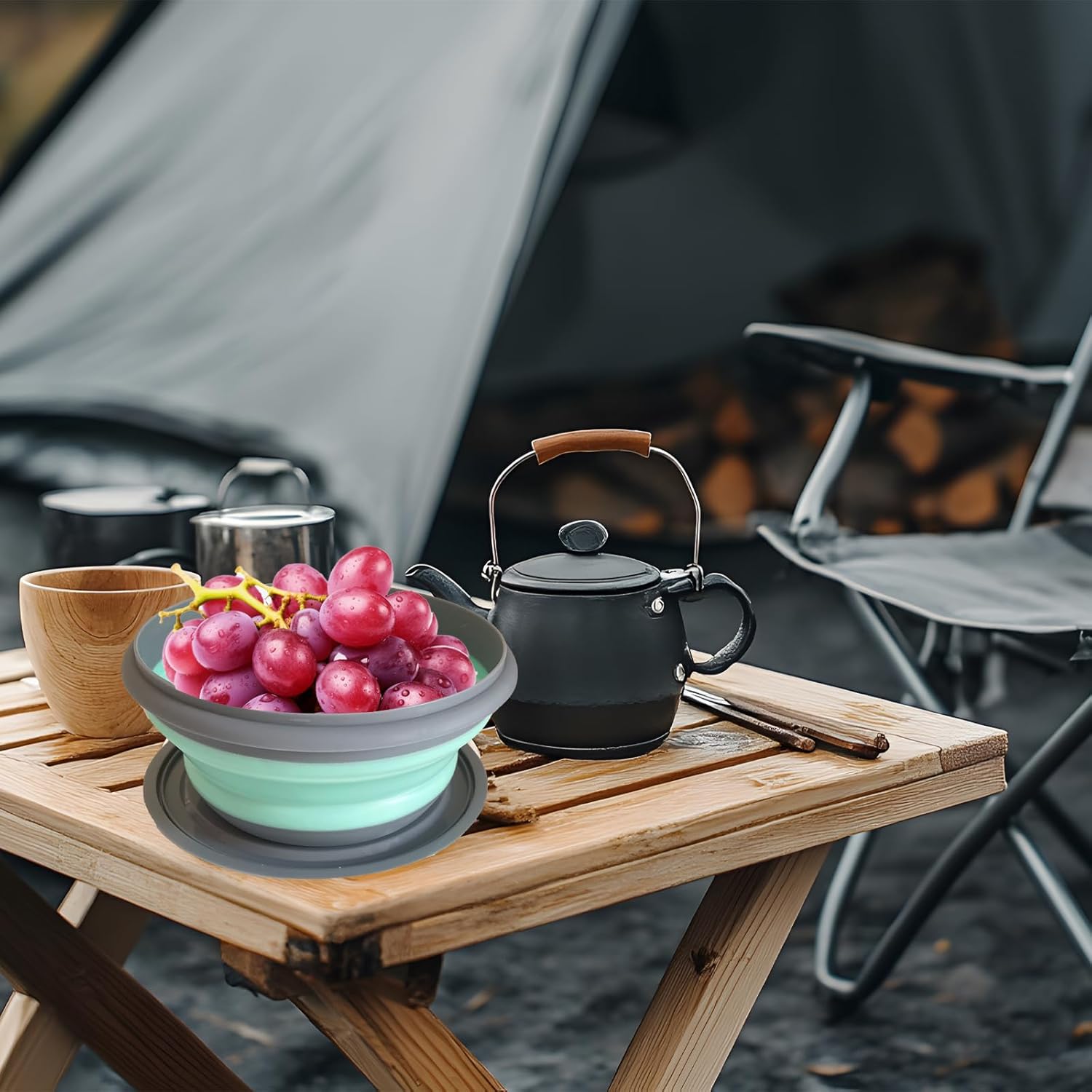 RMAMSCOV 1000ml Collapsible Camping Bowl with Lid,1 Pack Silicone Salad Bowl Serving, Microwave Foldable Soup Ramen Serving for Travel, Picnic, Rv(Blue) - Image 3