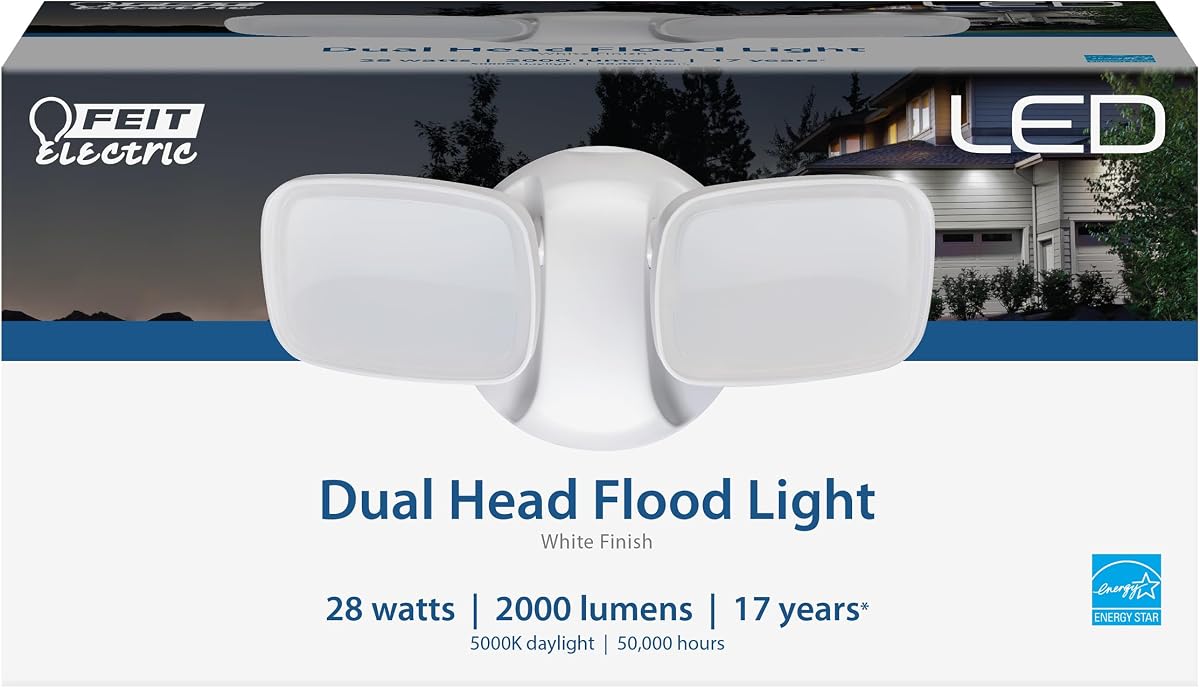 Feit Electric Luz de seguridad LED para exteriores, luz de inundación LED impermeable de 28 W, 2 cabezales, montaje en pared, funciona con interruptor, 2000 lúmenes, luz diurna de 5000 K, vida útil de 50 000 horas, blanco, S9DFL/850/WH