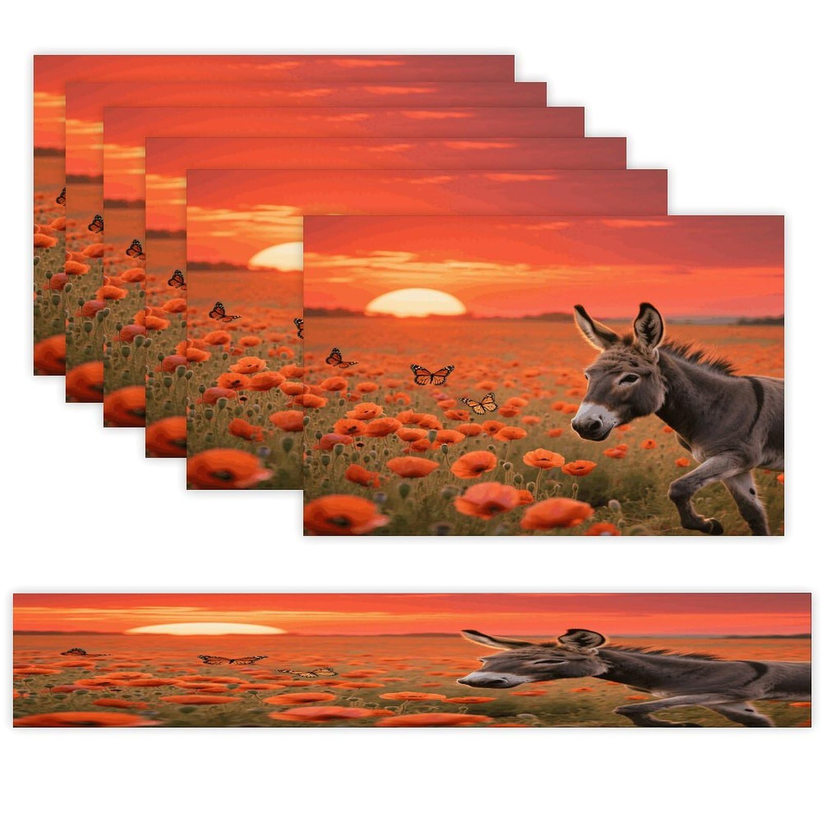 Donkey & Butterflie Table Runner and Placemats Set of 7 Linen Table Mat Non-Slip Place Mats Washable Placemat Heat Resistant Place Mat with Table Runner for Party Dining Decor