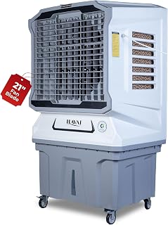 Havai Cyclone Desert Air Cooler | 21" Fan Blade | 150L Tank Capacity | 330W High-Performance Cooling | 750 Sq. Ft. Coverage | Auto Swing | 3-Side Honeycomb Pads | Lockable Wheels | White & Grey