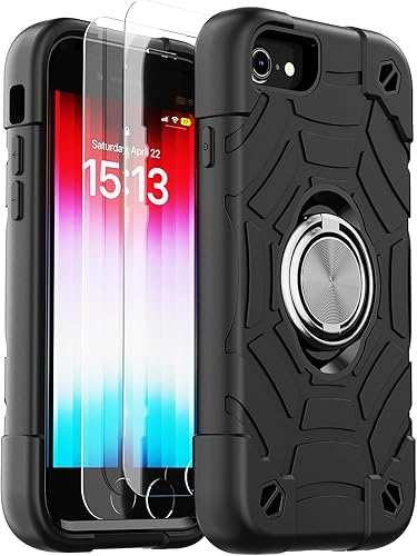 KCJ Funda para iPhone SE 20222020, iPhone 8766S, con 2 protectores de pantalla soporte de anillo silicona suave + policarbonato duro, protección de