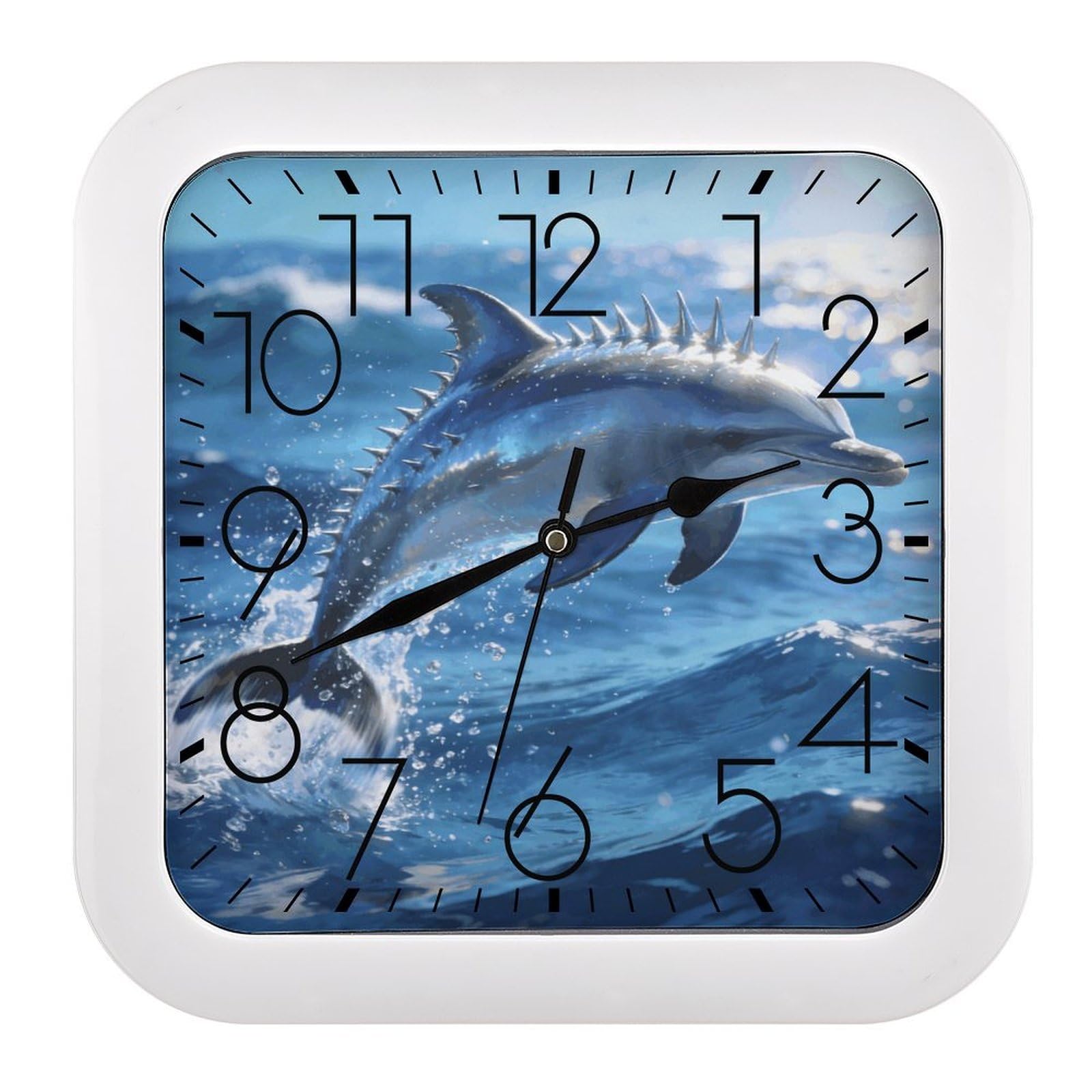 Fodpand Style Marine Art Spiny Dolphin Wall Clock,Battery Operated Modern Retro Rounded Square Clock Clock For Bedroom Living Room Office Home Gym Porch Decor Indoor Outdoor 10.2 * 10.2In