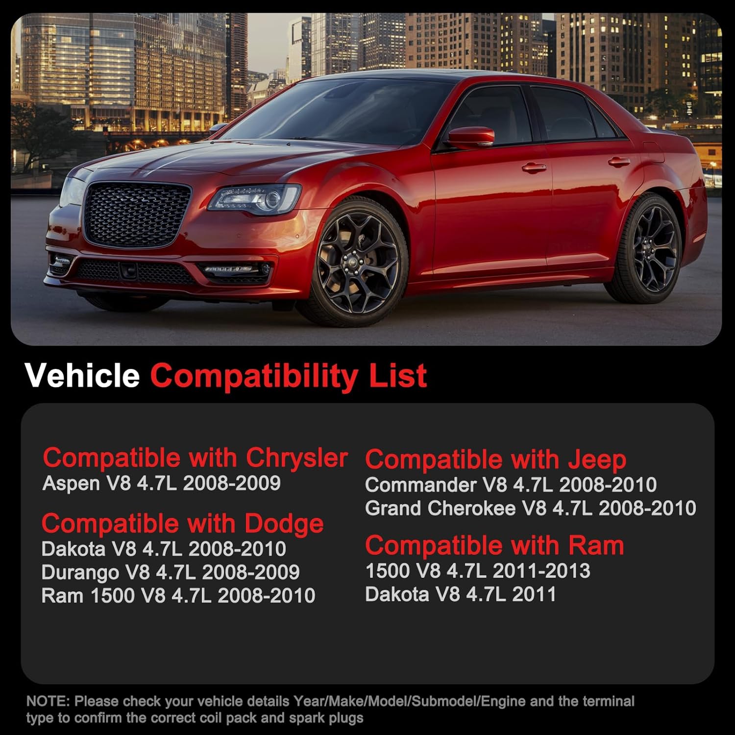 UF601 Ignition Coils Pack (V8 4.7L) Fits for Jeep Commander Grand Cherokee 2008 2009 2010; Fits for Dodge Dakota Durango, Fits for Ram 1500 2011-2013, Fits for Chrysler Aspen 2008-2009