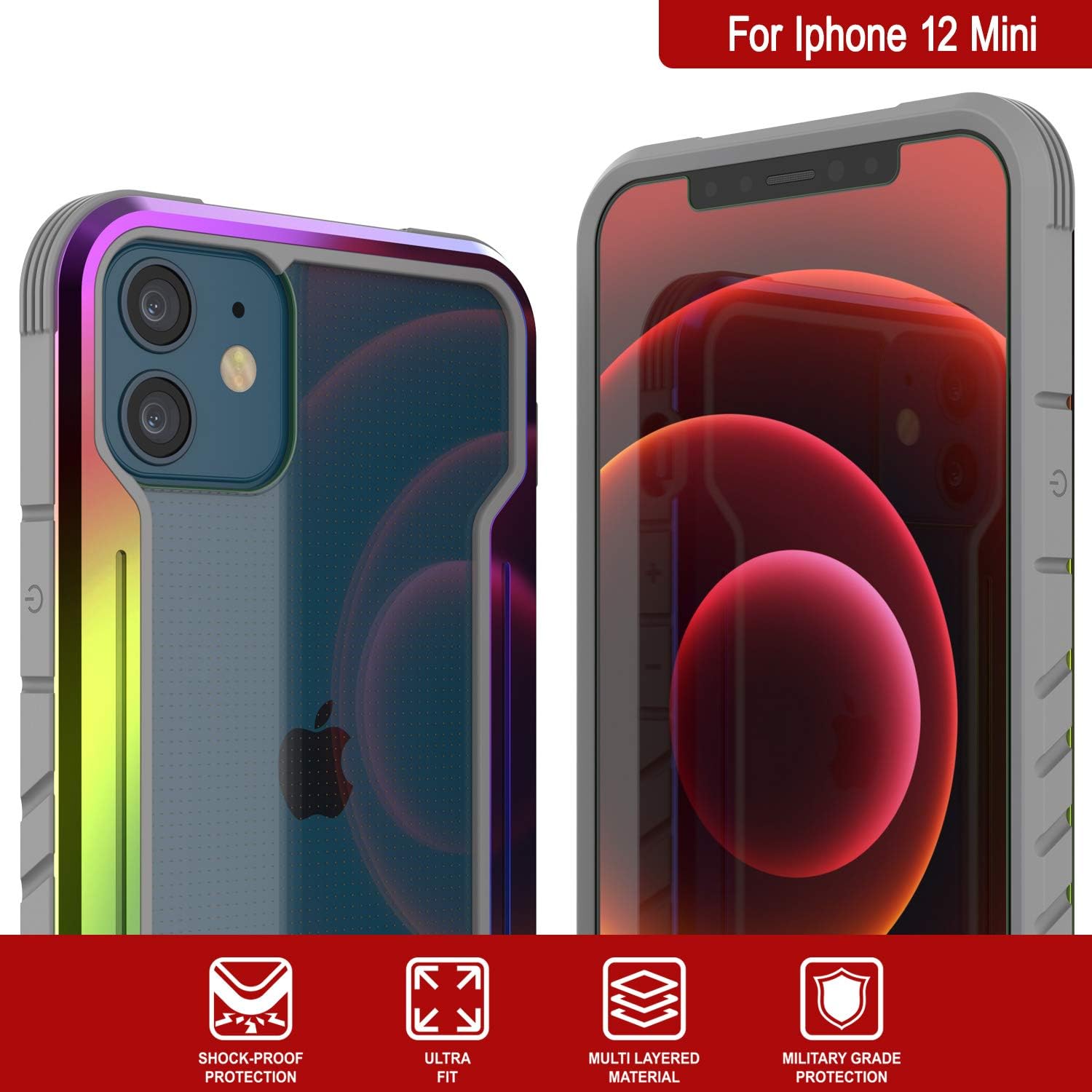 Punkcase Designed for iPhone 12 Mini [Armor Stealth Series] Protective Military Grade Cover W/Aluminum Frame [Clear Back] Ultimate Drop Protection for iPhone 12 Mini (5.4") (2020) (Rainbow)