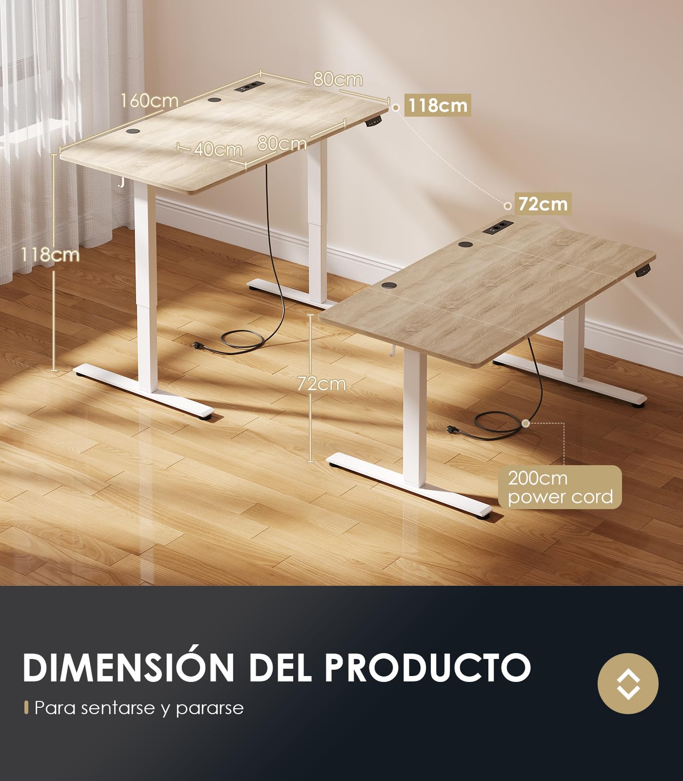 OffiGo Escritorio Elevable, 160x80cm Mesa Elevable Escritorio con Enchufes y Carga USB, Mesa Regulable Altura con 2 Memorias, Standing Desk para Oficina, Casa, Juegos, Beige