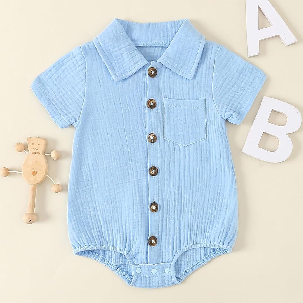 Newborn Baby Boys Girls Denim Romper With Pocket Suspender - Main Image
