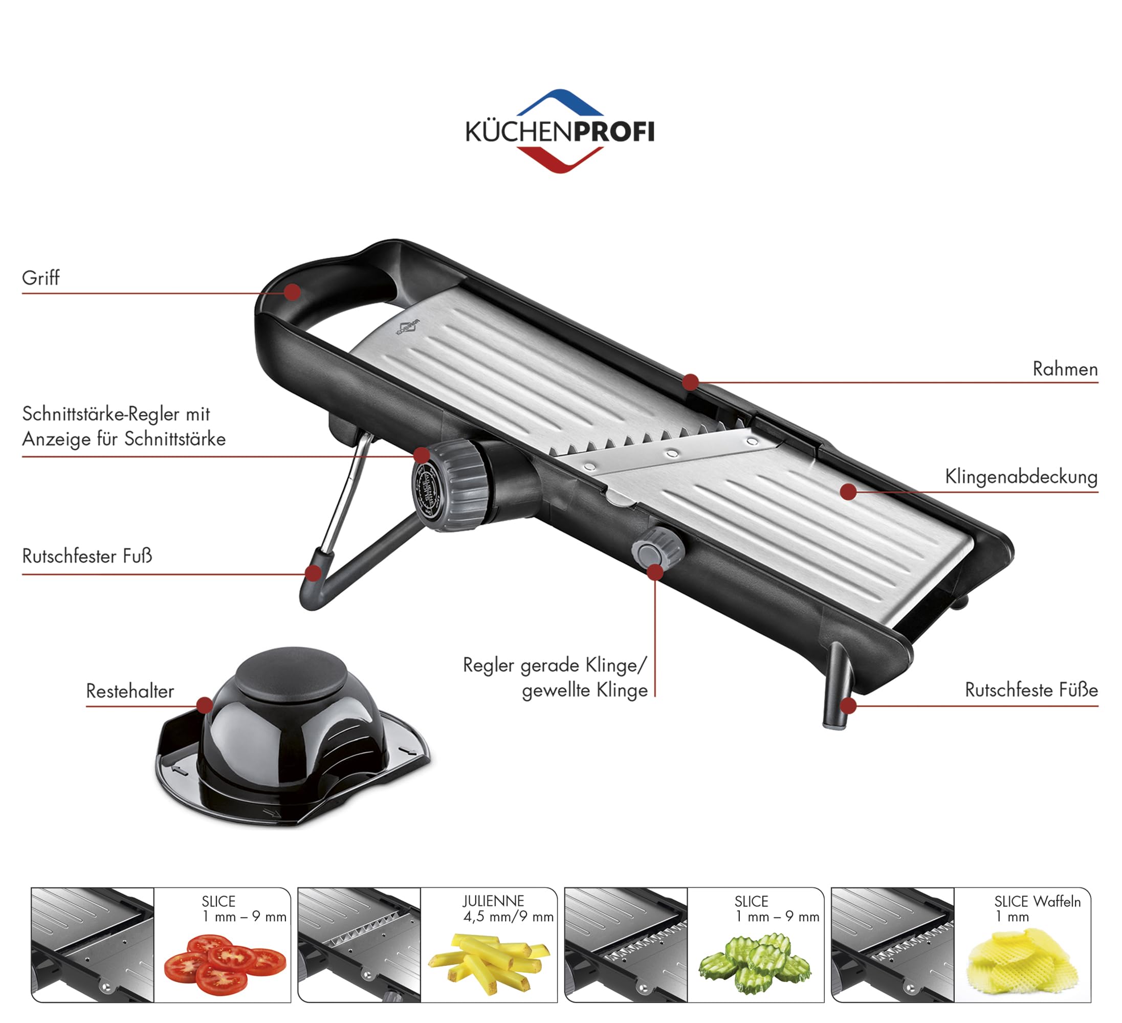 Kuchenprofi affettaverdure con fermaverdure in acciaio inox e piedini antiscivolo pieghevoli 37x16 cm