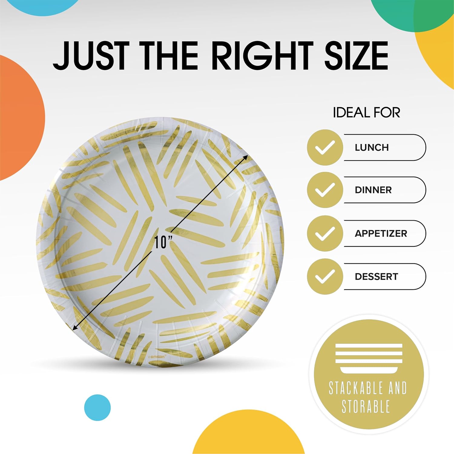 Party Solids Gold Motif Paper Plates Disposable Heavy Duty 10 Inch White and Gold Paper Plates for Party 96 Pcs Heavy Duty 350 GSM, Birthday Supplies