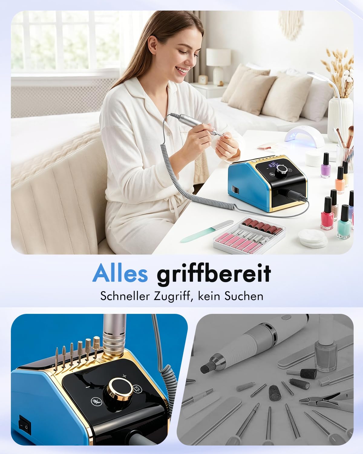 CozyZen Elektrische Nagelfräsmaschine 35.000 U/min Profi-Set | Mit LCD-Display, Hand- & Fußpedal, leise und vibrationsarm für Acryl-, Gel- & Naturnägel, Salon & Zuhause（Blau）