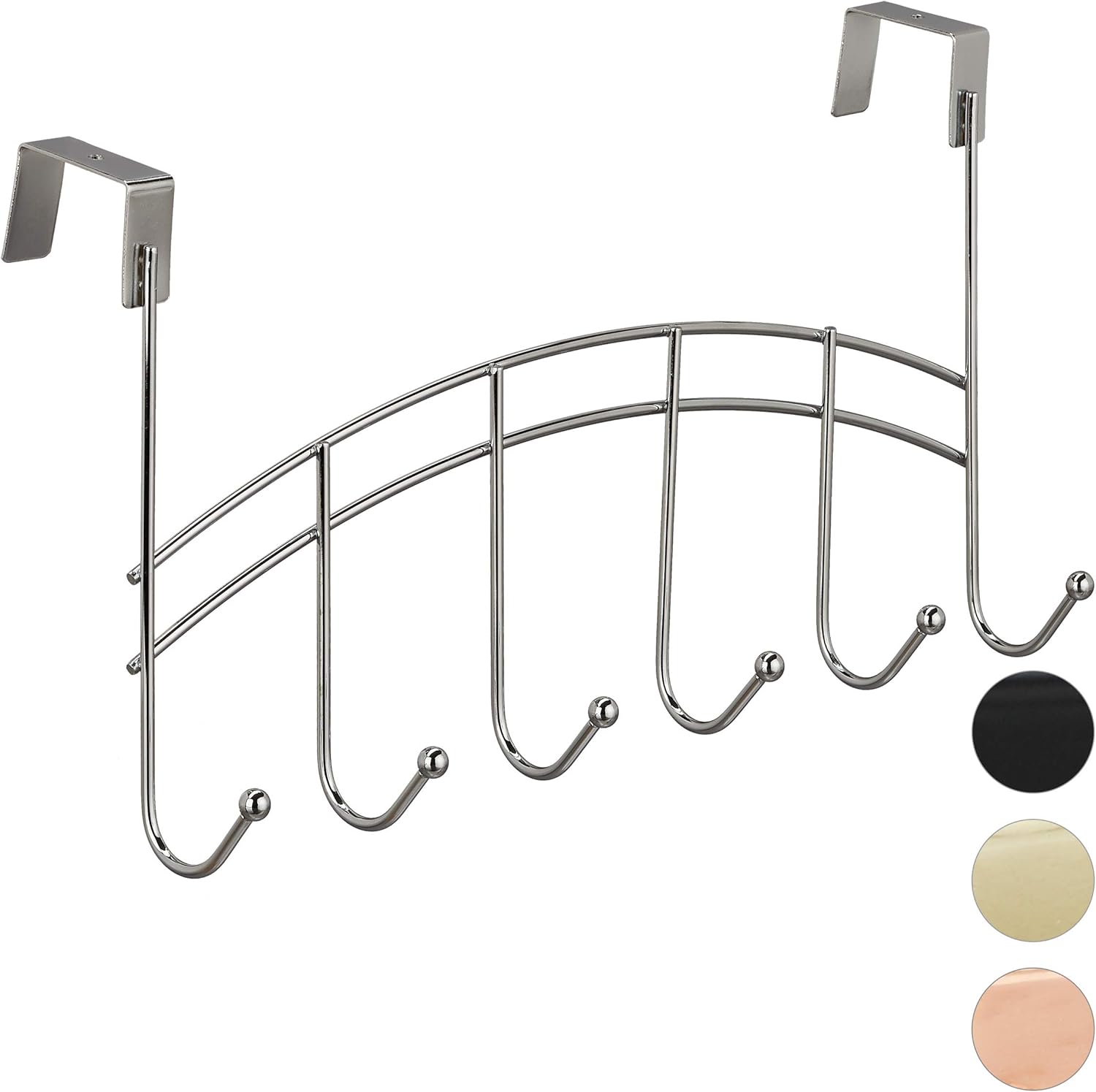 Relaxdays Door Coatrack, Curved Hook Bar, Hanging, 6 Hooks, Metal, 21x40x10.5 cm, Silver