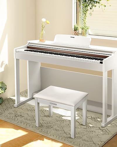 Miniatura 2 de Donner Banco de piano con almacenamiento, banco de teclado de madera maciza, taburete con cojín de gamuza de alta densidad, color blanco
