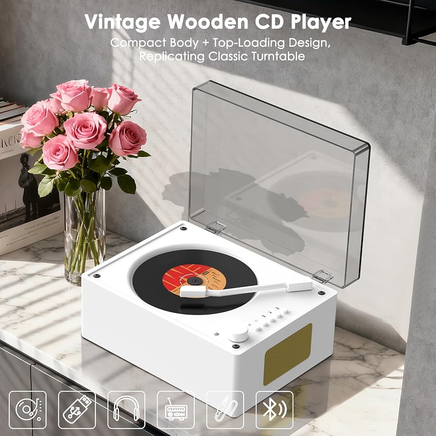 Portable CD Player with Bluetooth 5.3, Hi-Fi Speakers,3.5mm AUX, USB Playback Retro CD Player for Home(White) - image 4