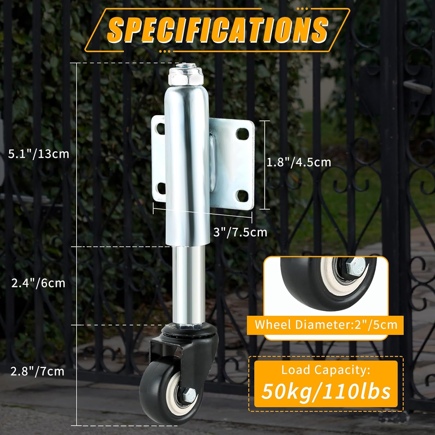 2" Spring Loaded Gate Caster, Single Pack TPU Wheel Heavy Duty Casters, Load Capacity 110 Lbs