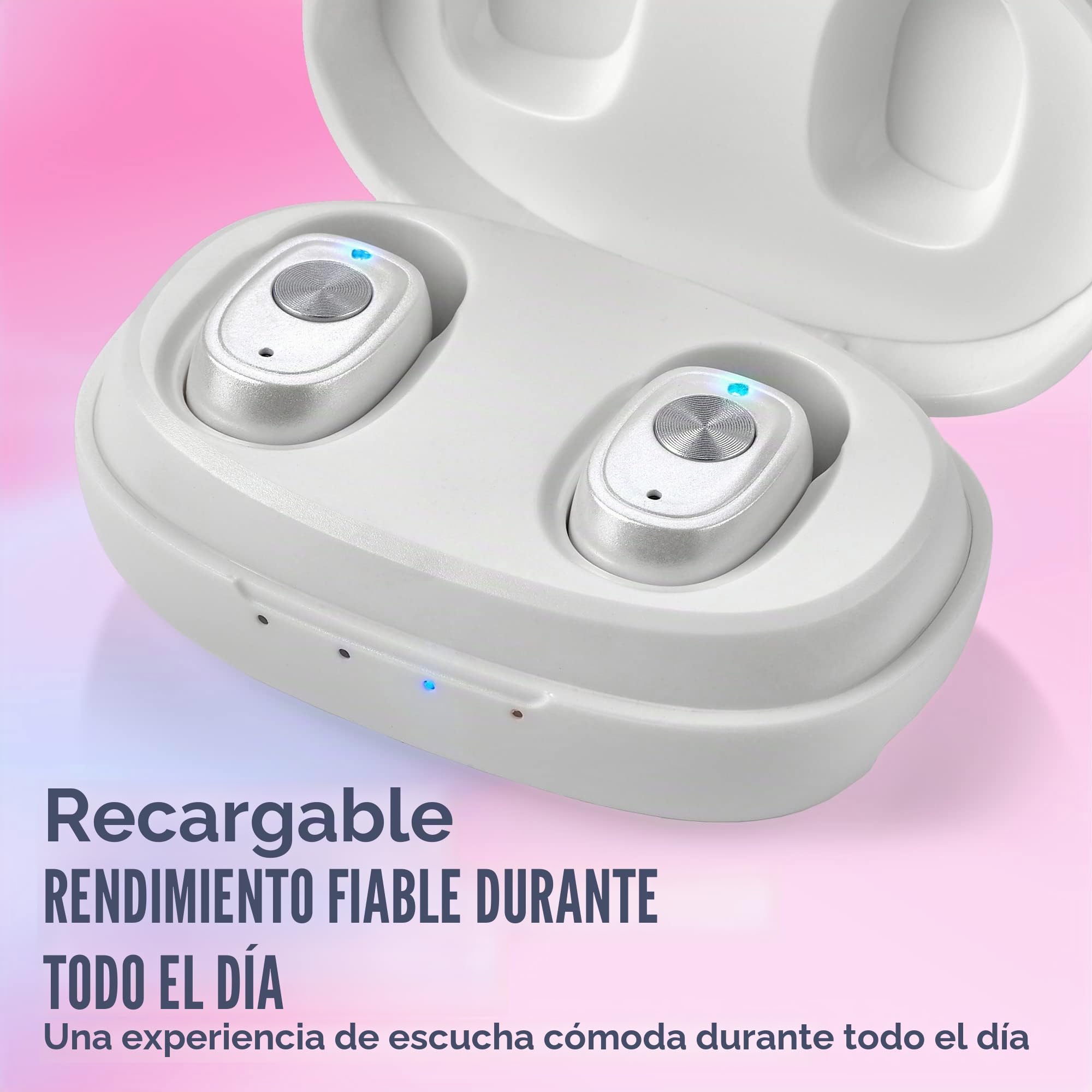 Par recargable con cancelación de ruido, dispositivo digital para personas mayores y adultos - ITC Nano Personal - Control de un toque y dispositivo de asistencia de baja distorsión, blanco