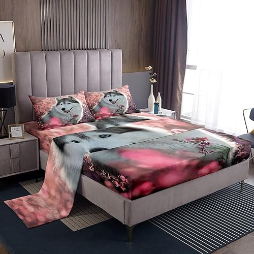 Feelyou Husky - Juego de sábanas con diseño de flor de cerezo rosa, ropa de cama para perro, 1 sábana encimera y 1 sábana bajera ajustable con 2