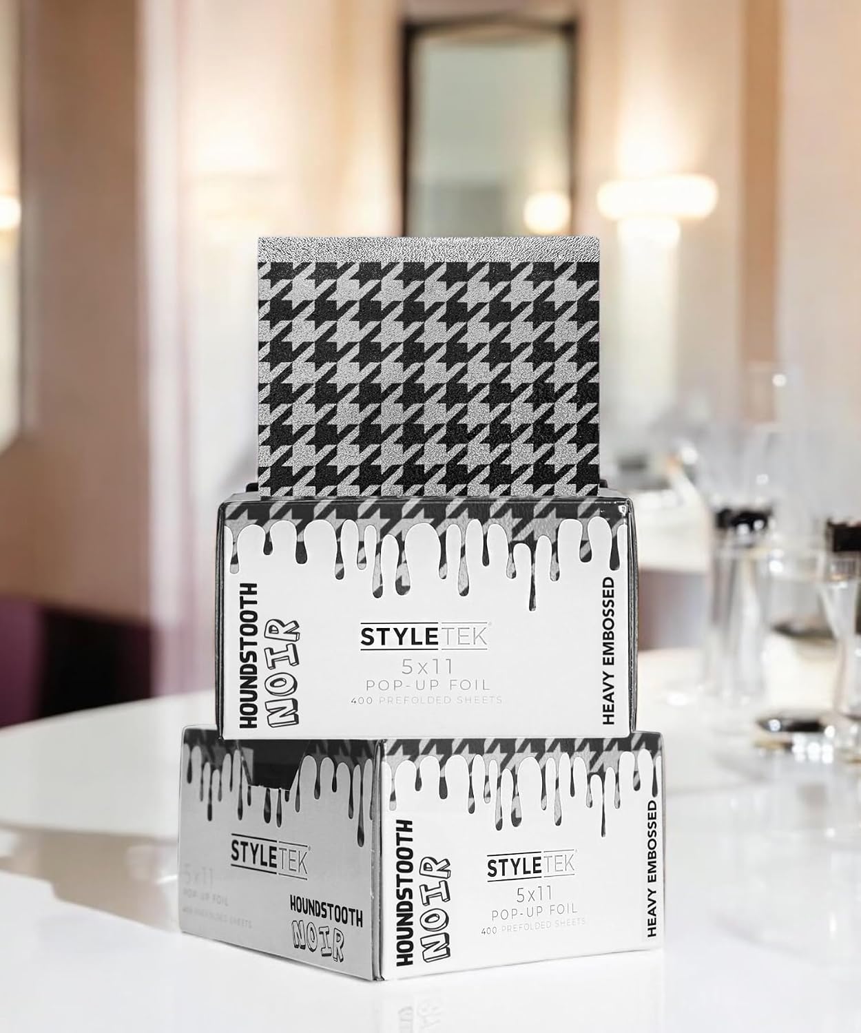 STYLETEK HOUNDSTOOTH POP-UP FOIL, 5x11, 400 Sheets Per Box, Highlighting Sheets For Hair, Heavy Emboss, Luxury Salon (NOIR (Black & Silver))