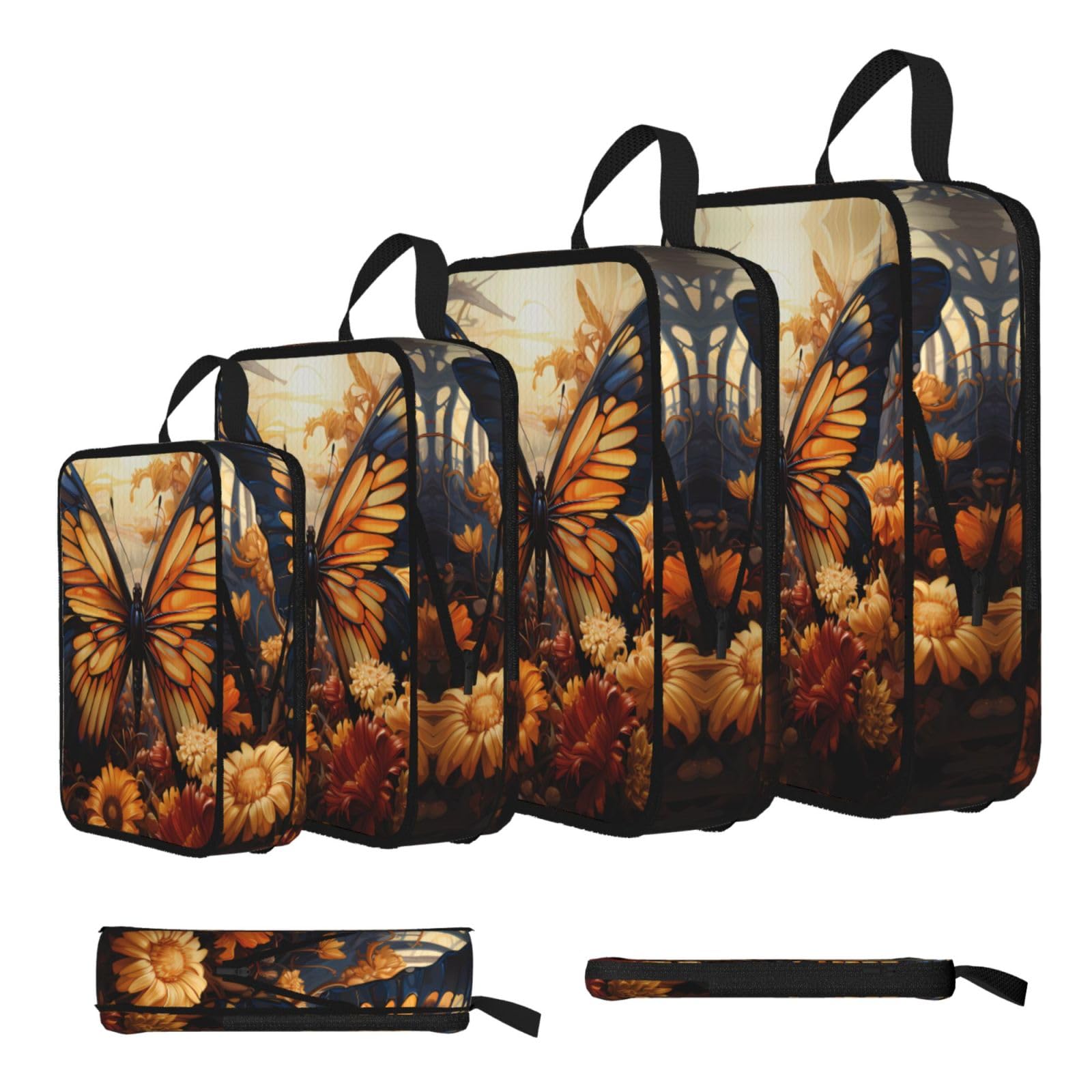 Sxzvvbn Black Orange Yellow Butterfly Field Flowers Compression Packing Cubes 4 Piece Set