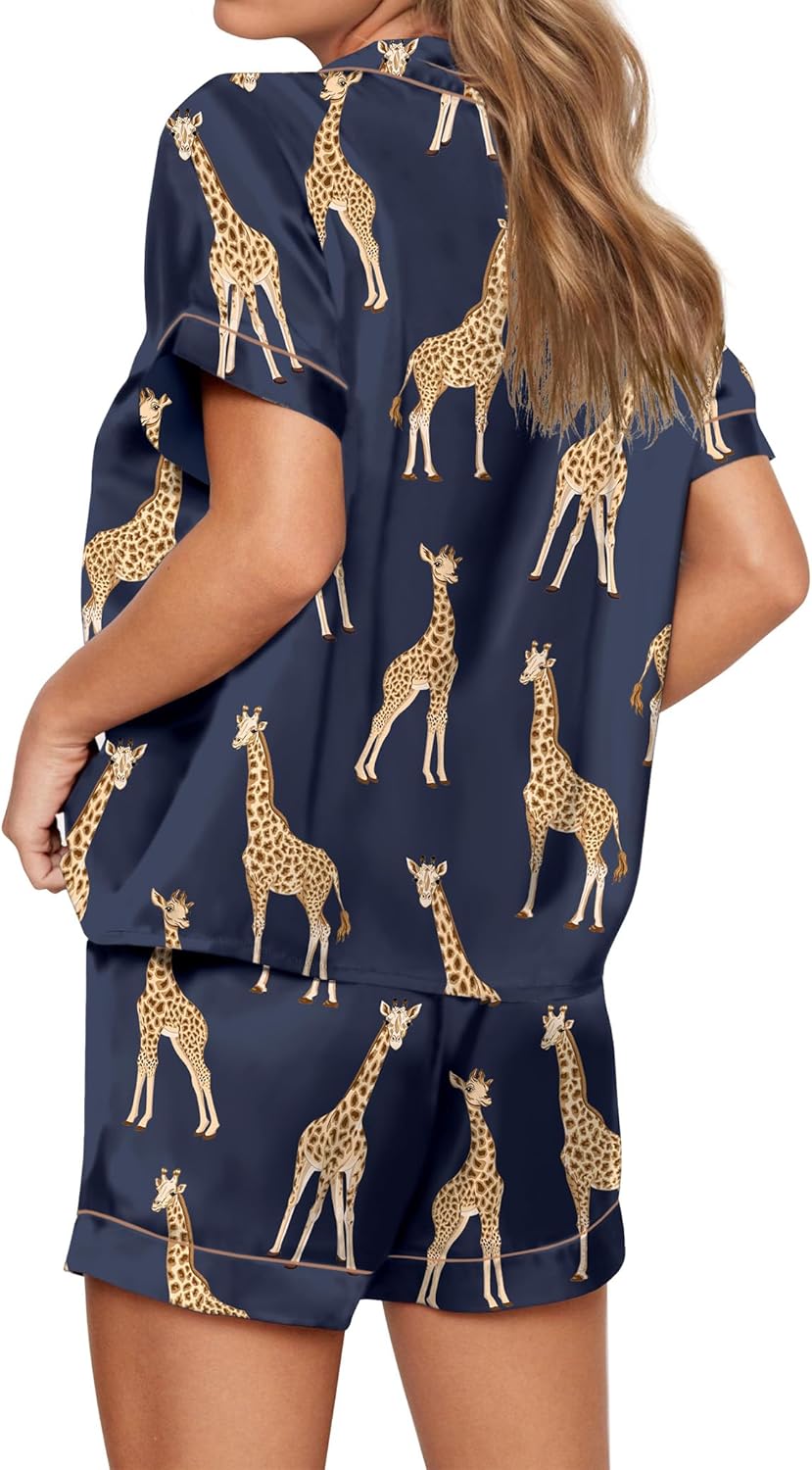SHESHOW Satin Pajamas for Women Set Preppy Animals Pjs Short Sleeve Shorts 2 Piece Loungewear Sets XS-XXL - Image 3