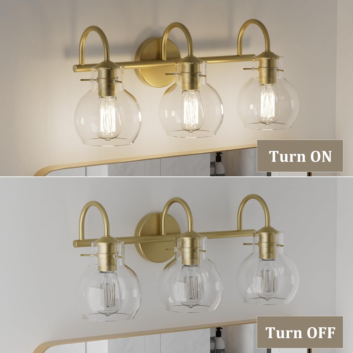 Gold Vanity Light, 3 Light Bathroom Light Fixtures, Modern Bathroom Vanity Lights Fixtures Over Mirror with Clear Globe Glass Shade, Gold Wall Sconces for Bathroom Hallway, E26 Base