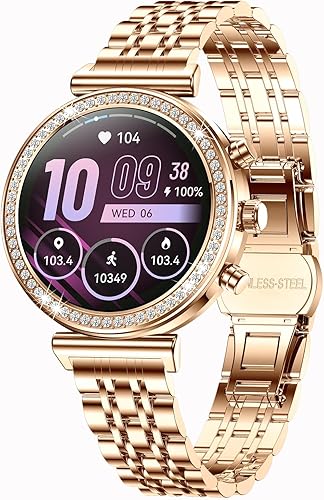 Yihou Relojes inteligentes para mujer, rastreador de actividad física con diamantes, modos multideportivos, monitor de frecuencia cardíaca, Oro