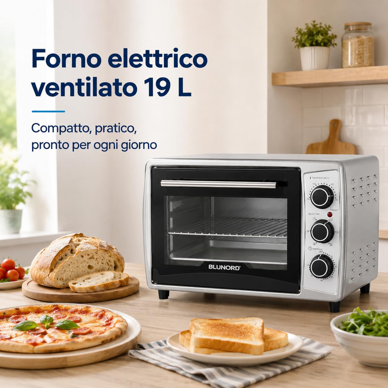 BLU F19 PLUS Forno Elettrico Ventilato 19 L, 1380 W, Grill 800 W, Timer 60 Min, Termostato 100-230 °C, Doppio Vetro, Leccarda, Griglia e Vassoio Briciole, Nero/Silver