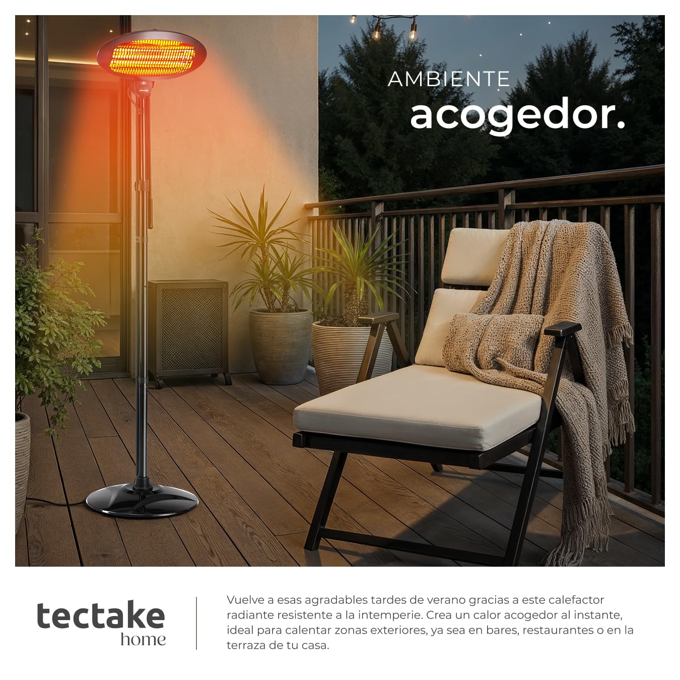 tectake® Calefactor por Infrarrojos, 3 Niveles de Potencia, Ajustable en Altura, Protección Antivuelco, Estufa Exterior, Bajo Consumo, Calefactor Electrico Terraza Exterior - Negro